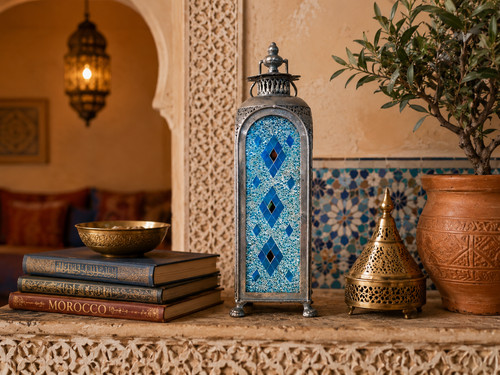 Blue mosaic lantern moroccan - lantern,